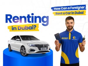 KOR Employee holding the car key and passport to share knowledge about how can a Foreigner rent a car in Dubai.