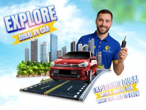 "Tourist driving rental car in Dubai with skyline view, cheap car rental no deposit"