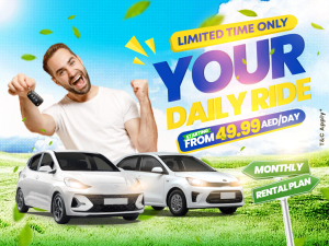 Man celebrating affordable car rental deal with two white hatchbacks (Hyundai & Kia), daily rental starting from 49.99 AED/day, limited time offer by KOR Rent a Car in Dubai.
