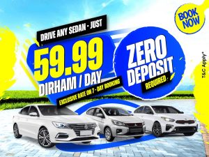 Affordable sedan rental in Dubai for AED 59.99 per day with zero deposit – 7-day booking special offer.